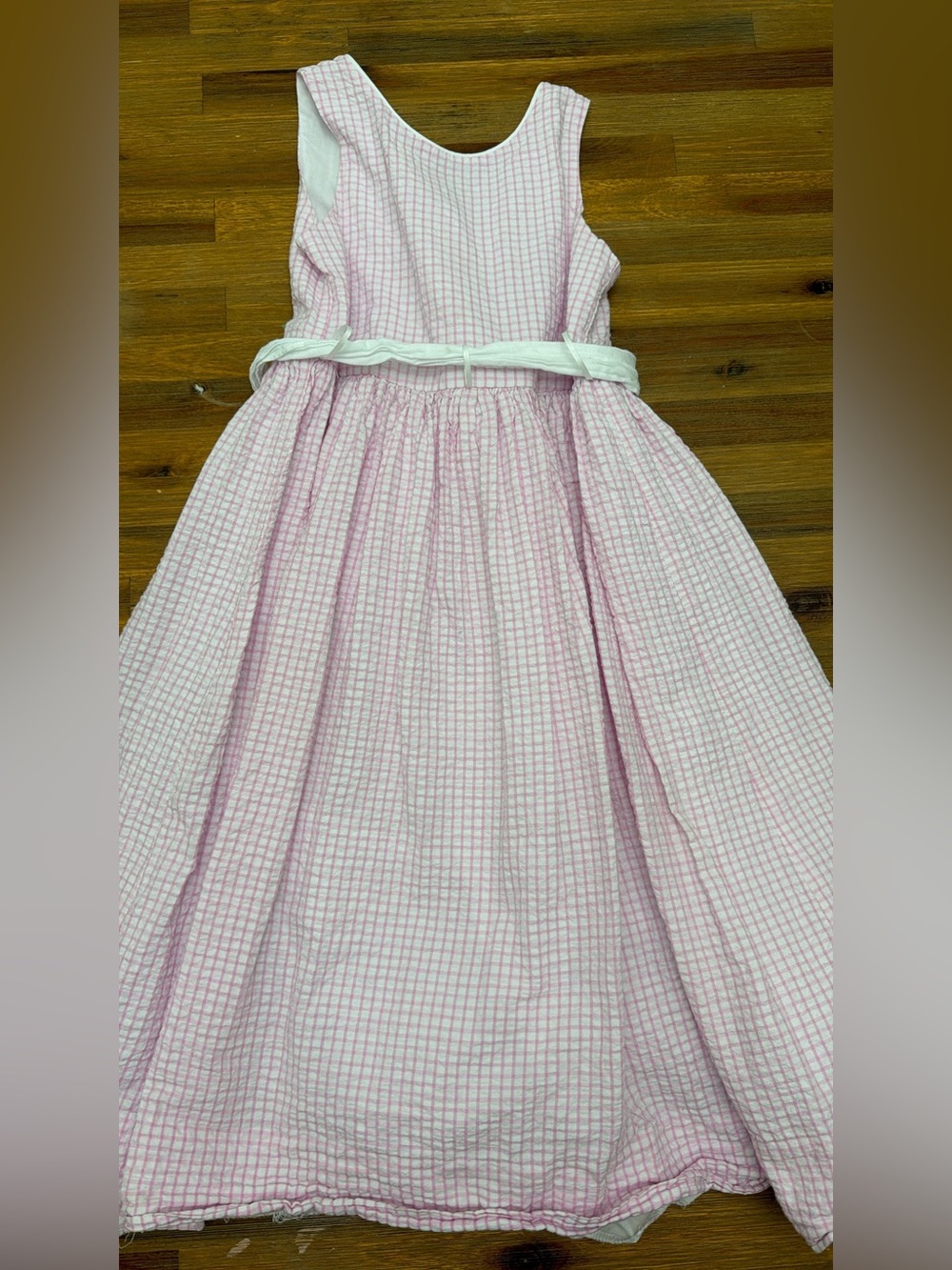 Little Girl's Pink Seersucker Sleeveless Dress with White Belt